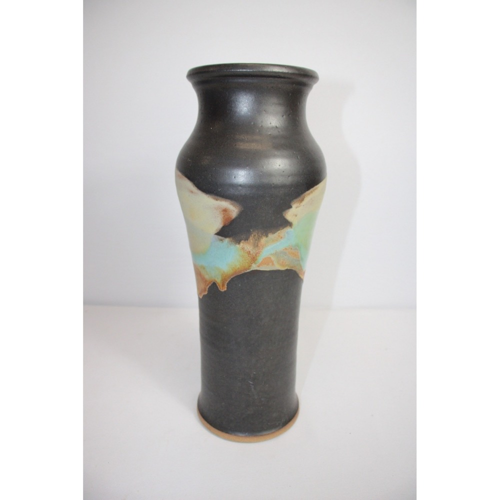 Art Pottery Vase Studio Hand Crafted Signed Black Brown Earth Tone